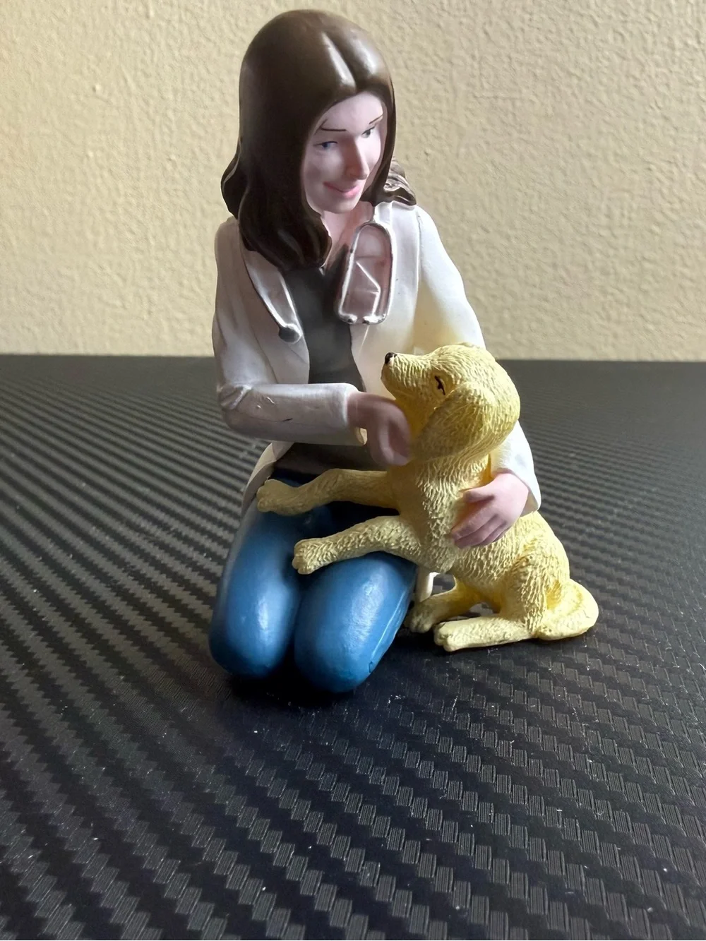 1982 Woman Doctor/Veterinarian Figurine w/ Stethoscope Holding Yellow Dog Resin
